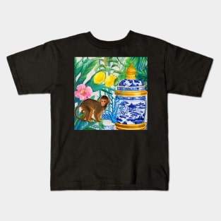 Monkey and chinoiserie jar in tropical ga4den Kids T-Shirt